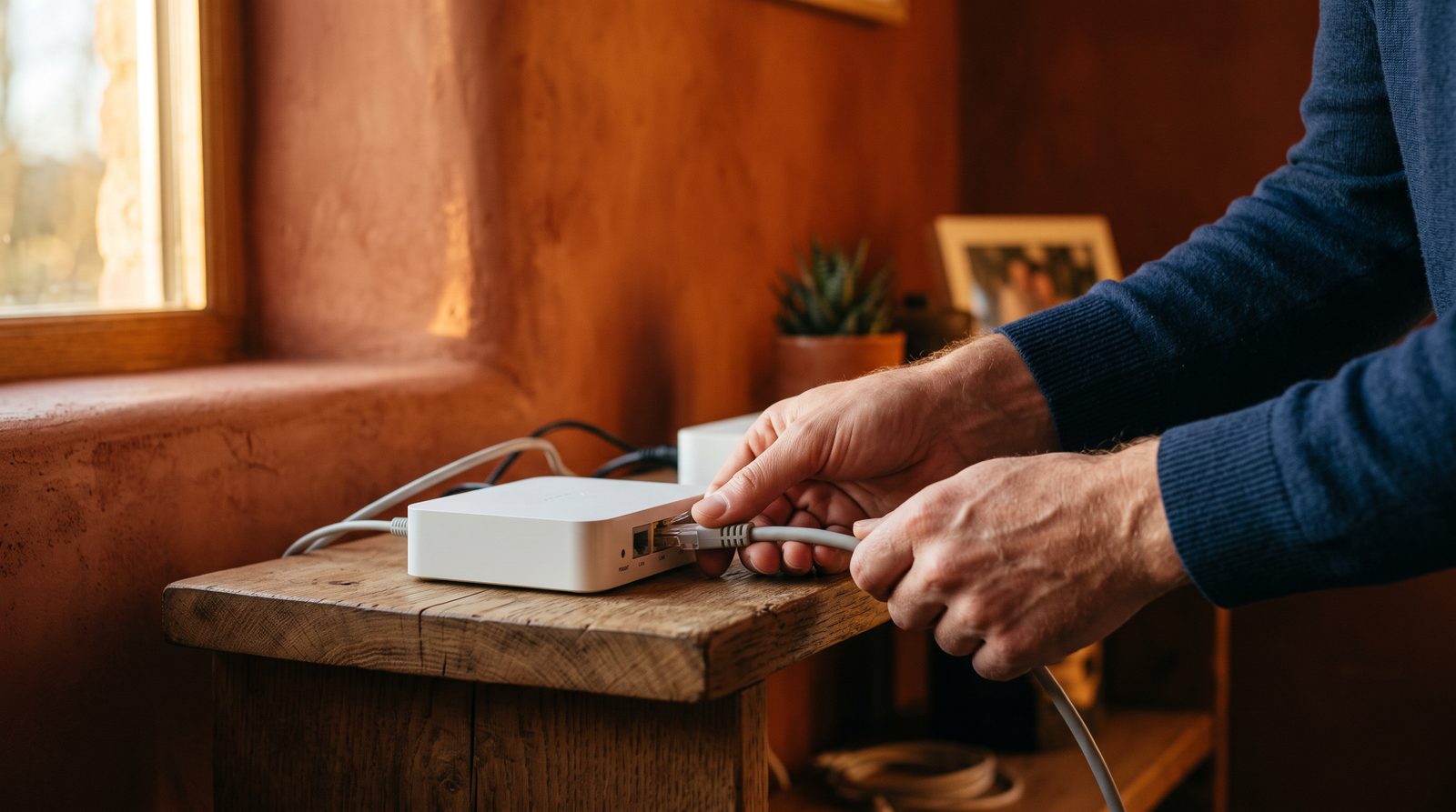 Hands plugging a cable into a small white network box