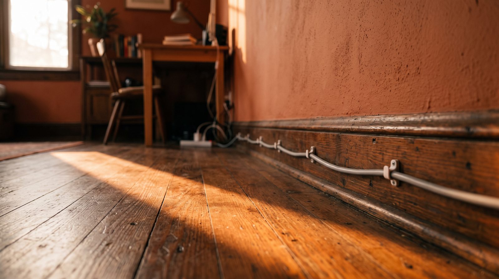 An Ethernet cable running to a desk in a home office
