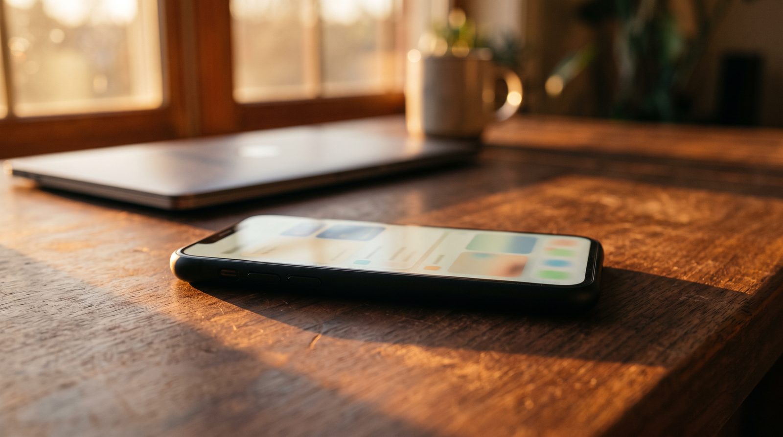 A smartphone face up on a bright desk beside a laptop