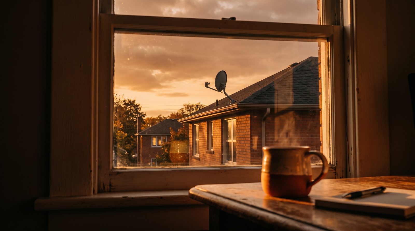 A satellite dish on a neighbouring roofline seen through a window