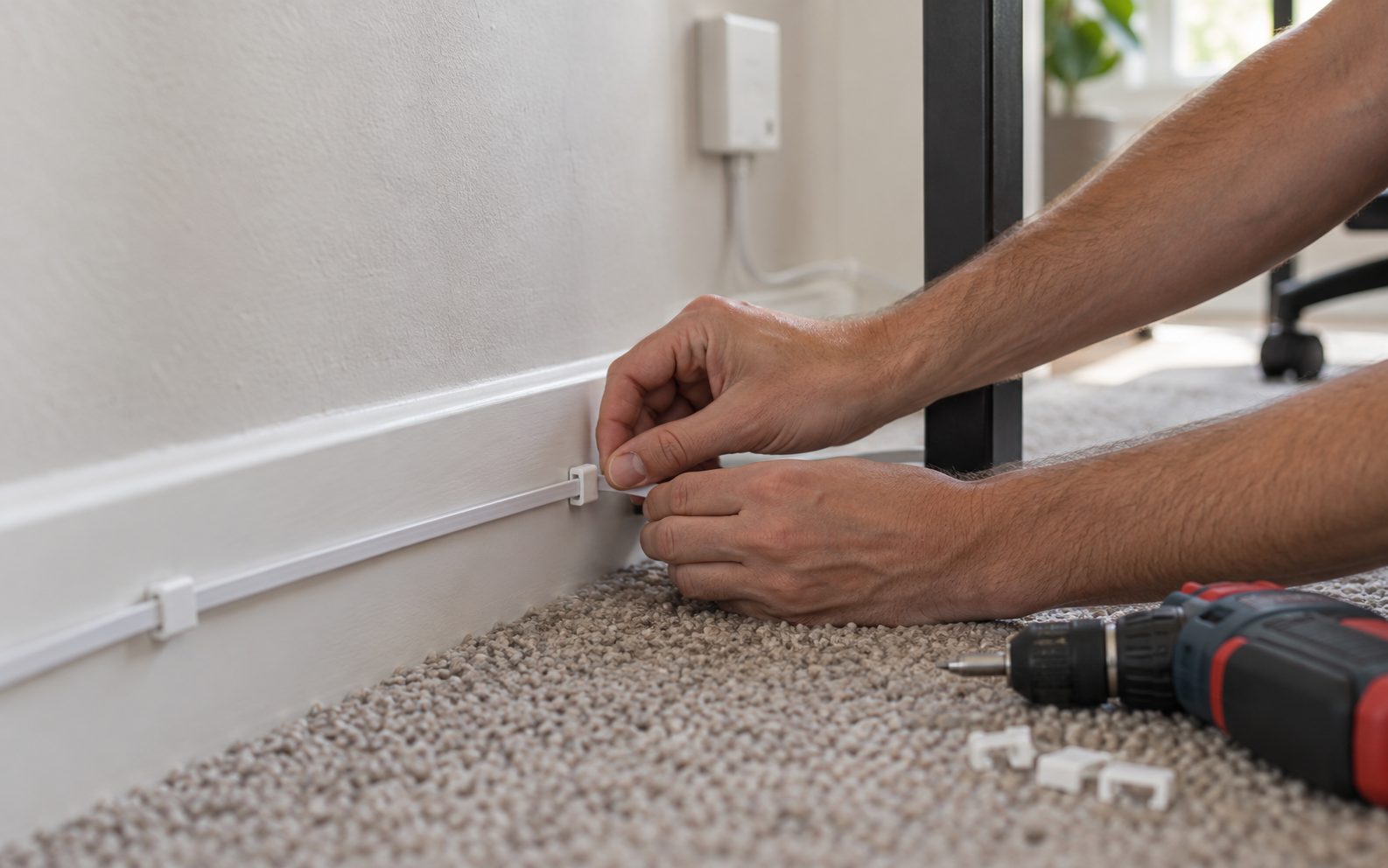 Ethernet cable clipped along a baseboard toward a home-office desk