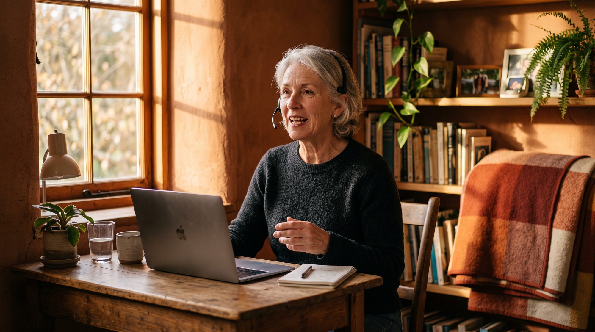 Remote worker at a home desk with a laptop plugged into a wired connection